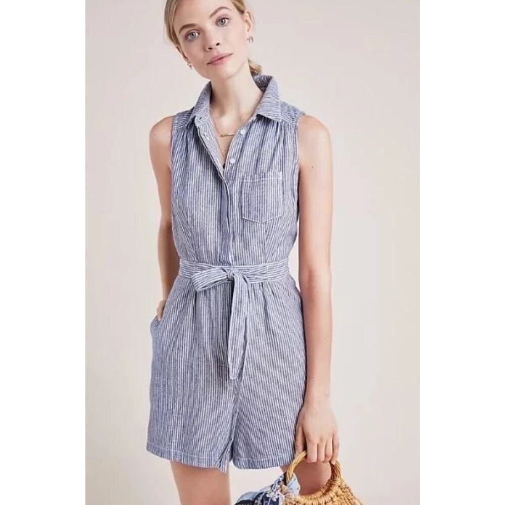 Anthropologie Collared Playsuit Linen & Cotton Blue‎ & White Striped Romper